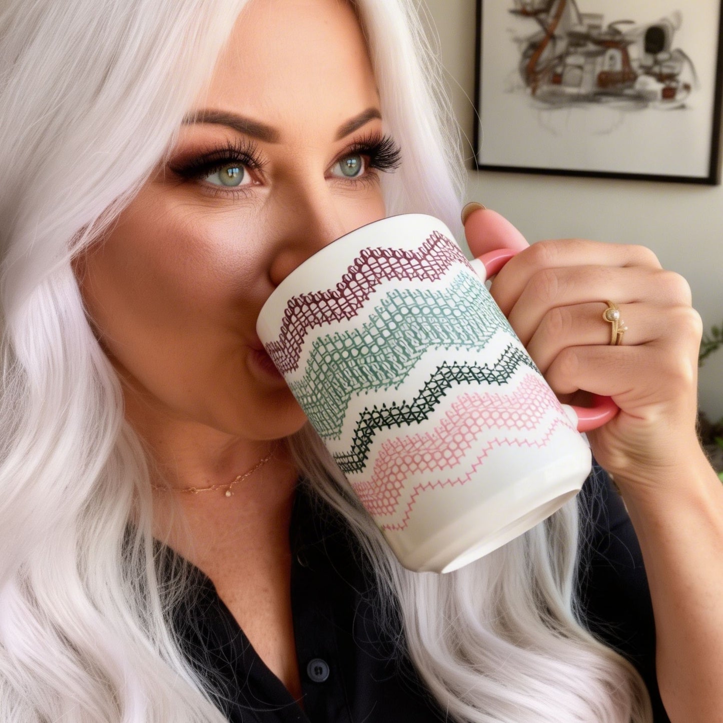 White-haired woman drinking from Preppy & Pink hidden message mug — close portrait showing the burgundy, green, and pink fair isle typography pattern on the ceramic