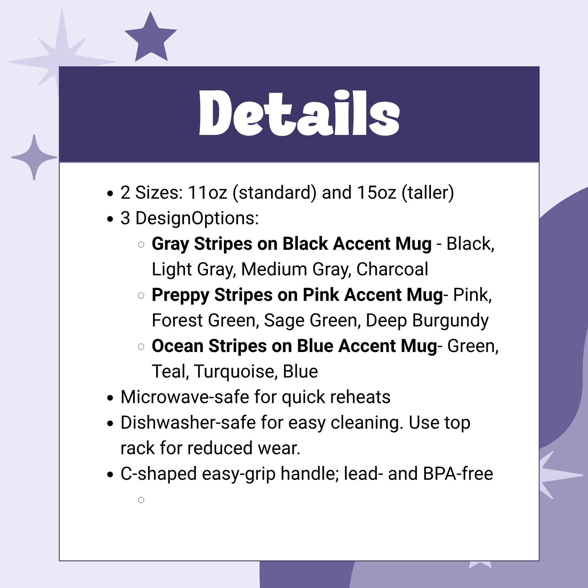 Product details spec card for hidden message mug: 2 sizes (11oz and 15oz), 3 colorways (Gray & Black, Preppy & Pink, Ocean & Blue), microwave and dishwasher safe, BPA-free