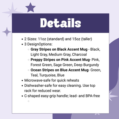 Product details spec card for hidden message mug: 2 sizes (11oz and 15oz), 3 colorways (Gray & Black, Preppy & Pink, Ocean & Blue), microwave and dishwasher safe, BPA-free