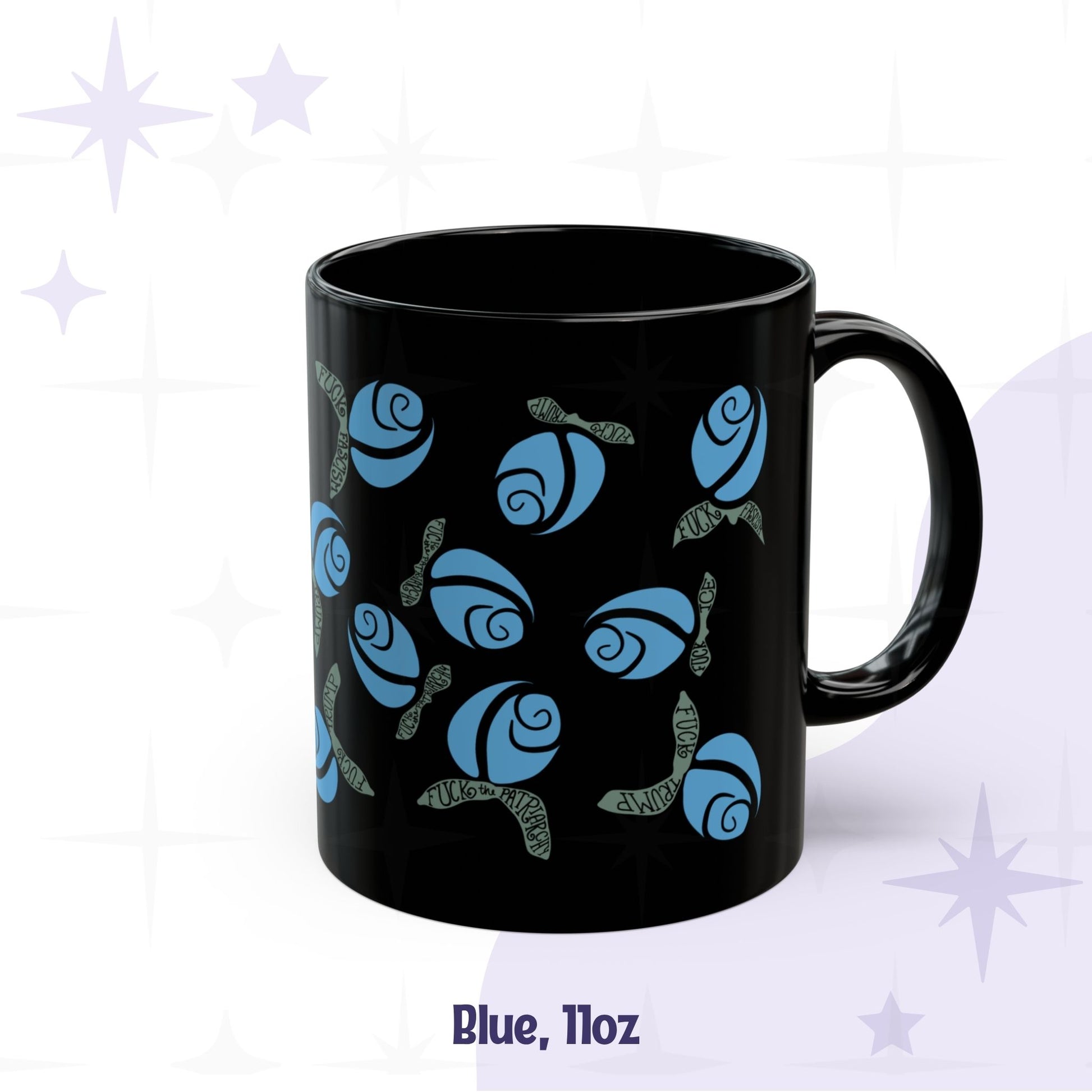 Blue hidden message coffee mug 11oz — cornflower blue graphic rosebuds with subversive hand-lettered leaves on black ceramic