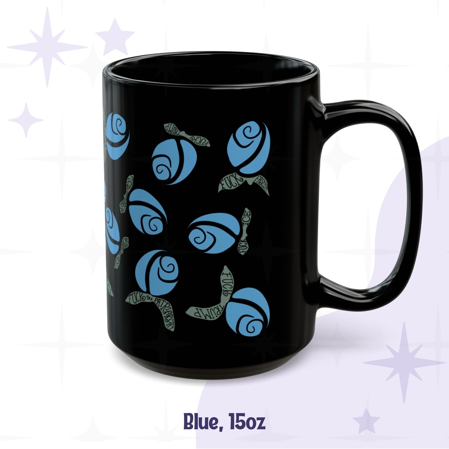 Blue hidden message coffee mug 15oz — cornflower blue rose pattern with anti-fascist lettering on black ceramic, side view