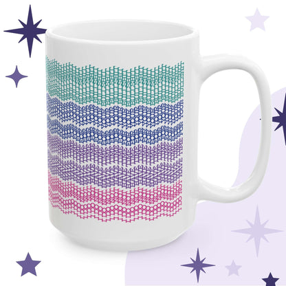 Hidden message embroidery pattern mug in bright stripes, 15oz, on branded lavender background