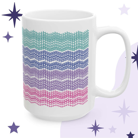 Hidden message embroidery pattern mug in bright stripes, 15oz, on branded lavender background