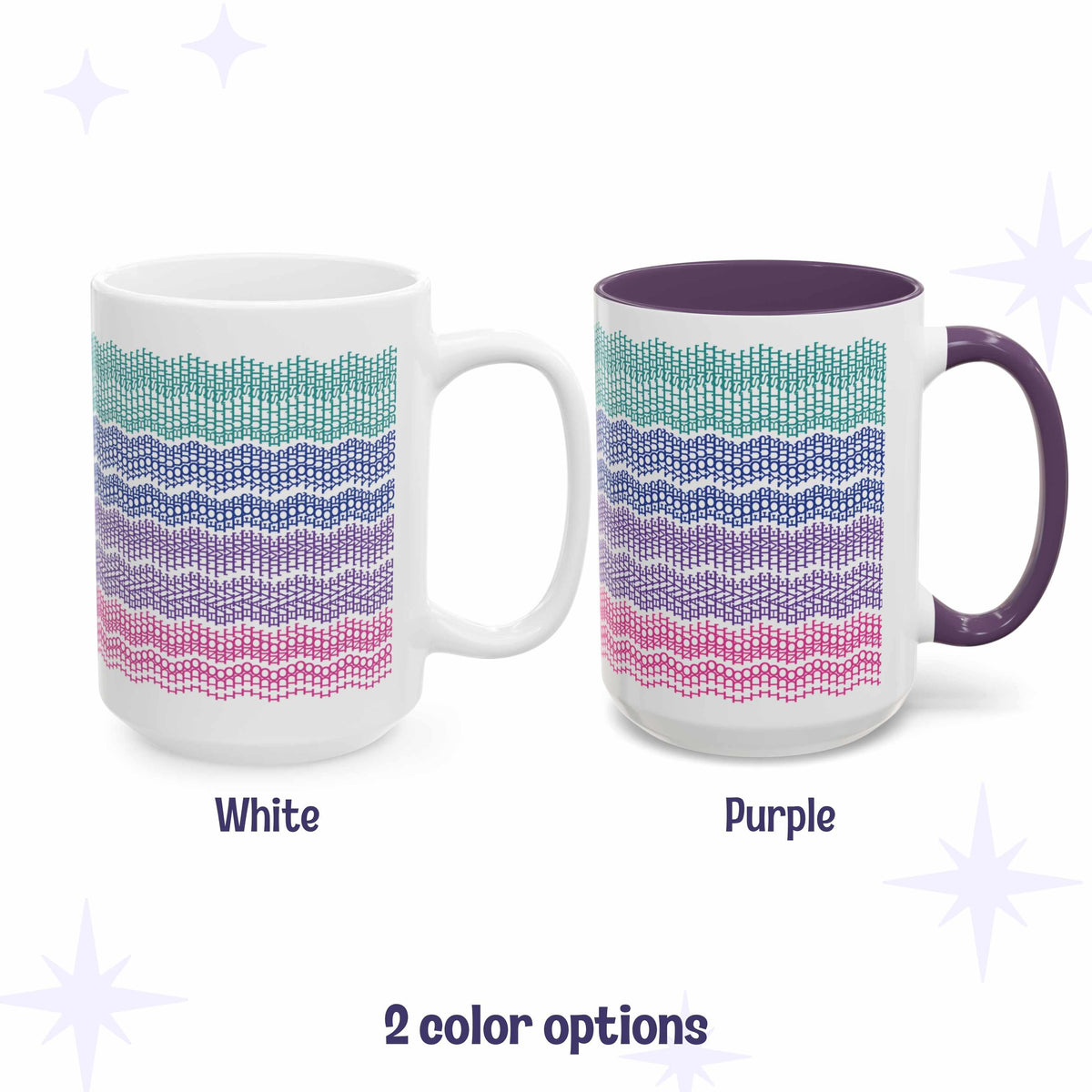 Hidden message embroidery mug in all white and white with purple interior and handle, shown side by side