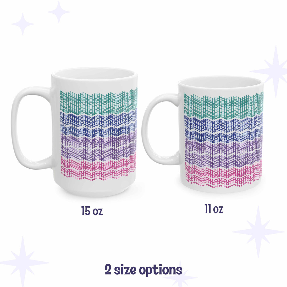 Hidden message embroidery mug in 15oz and 11oz sizes side by side