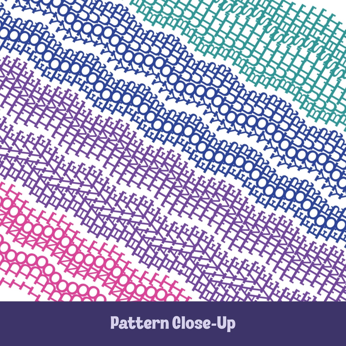 Close-up of colorful embroidery stitch pattern on hidden message mug showing chain stitch, eyelet, and chevron details in teal, blue, violet, and pink