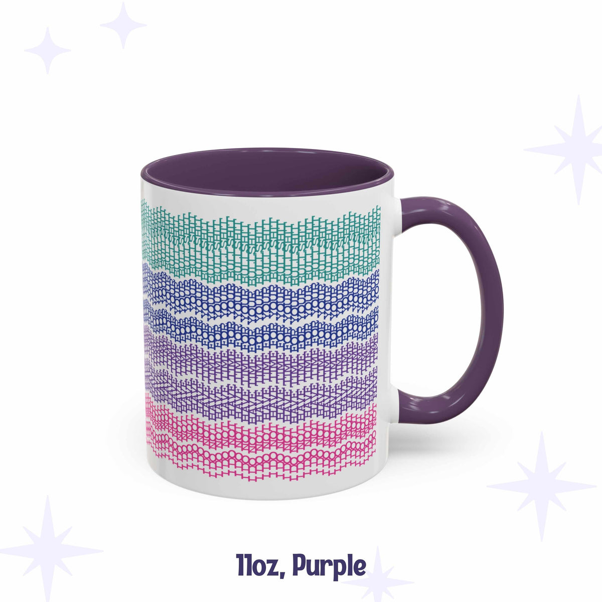 Hidden message embroidery pattern mug, 11oz, with purple interior and handle