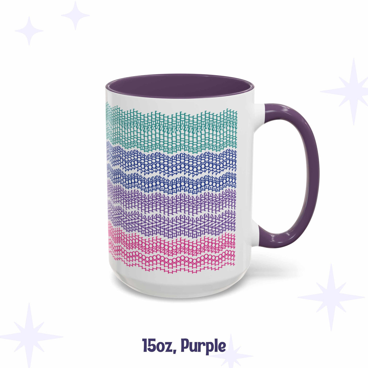 Hidden message embroidery pattern mug, 15oz, with purple interior and handle