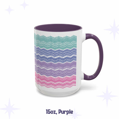 Hidden message embroidery pattern mug, 15oz, with purple interior and handle