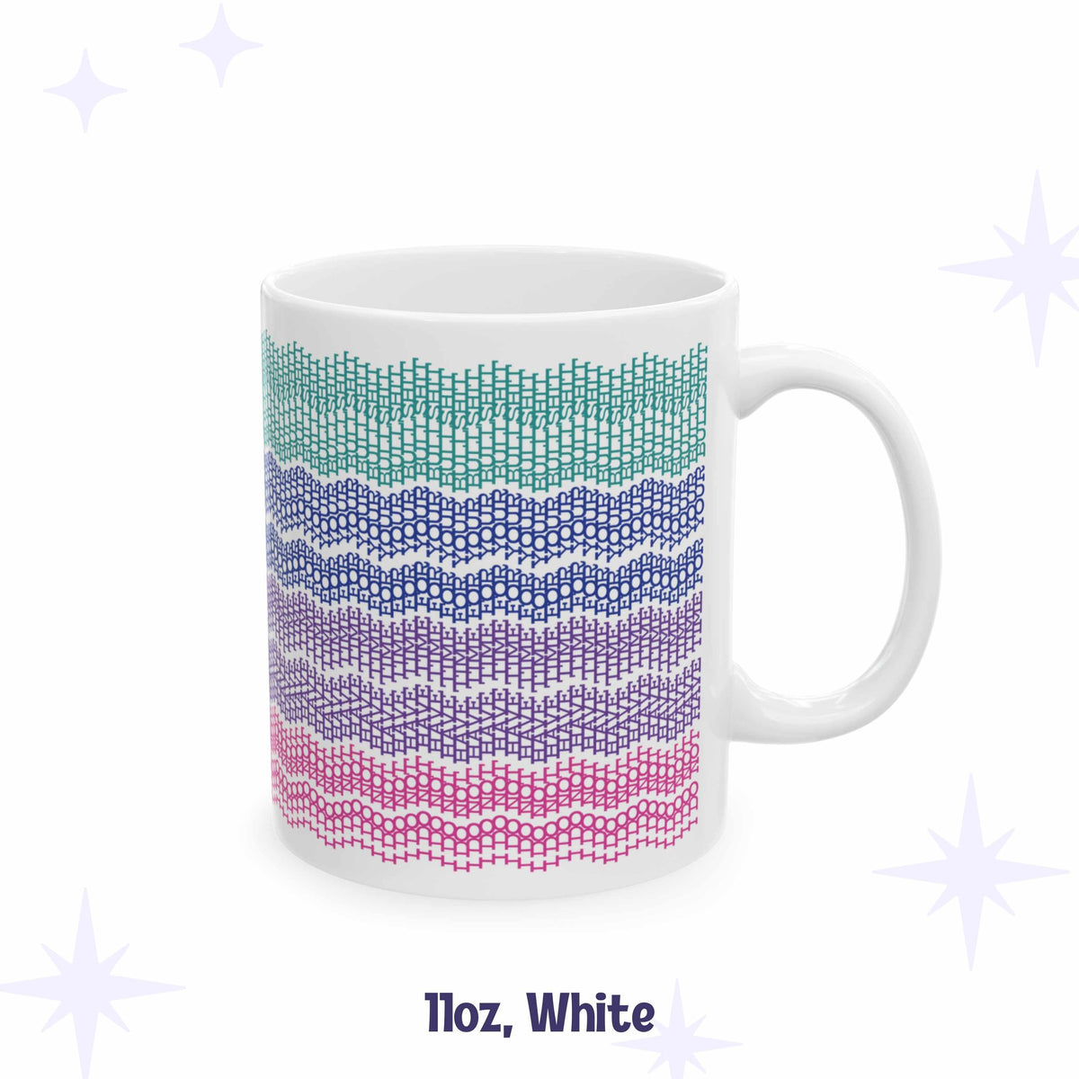 Hidden message embroidery pattern mug, 11oz white, with colorful stitch-style bands