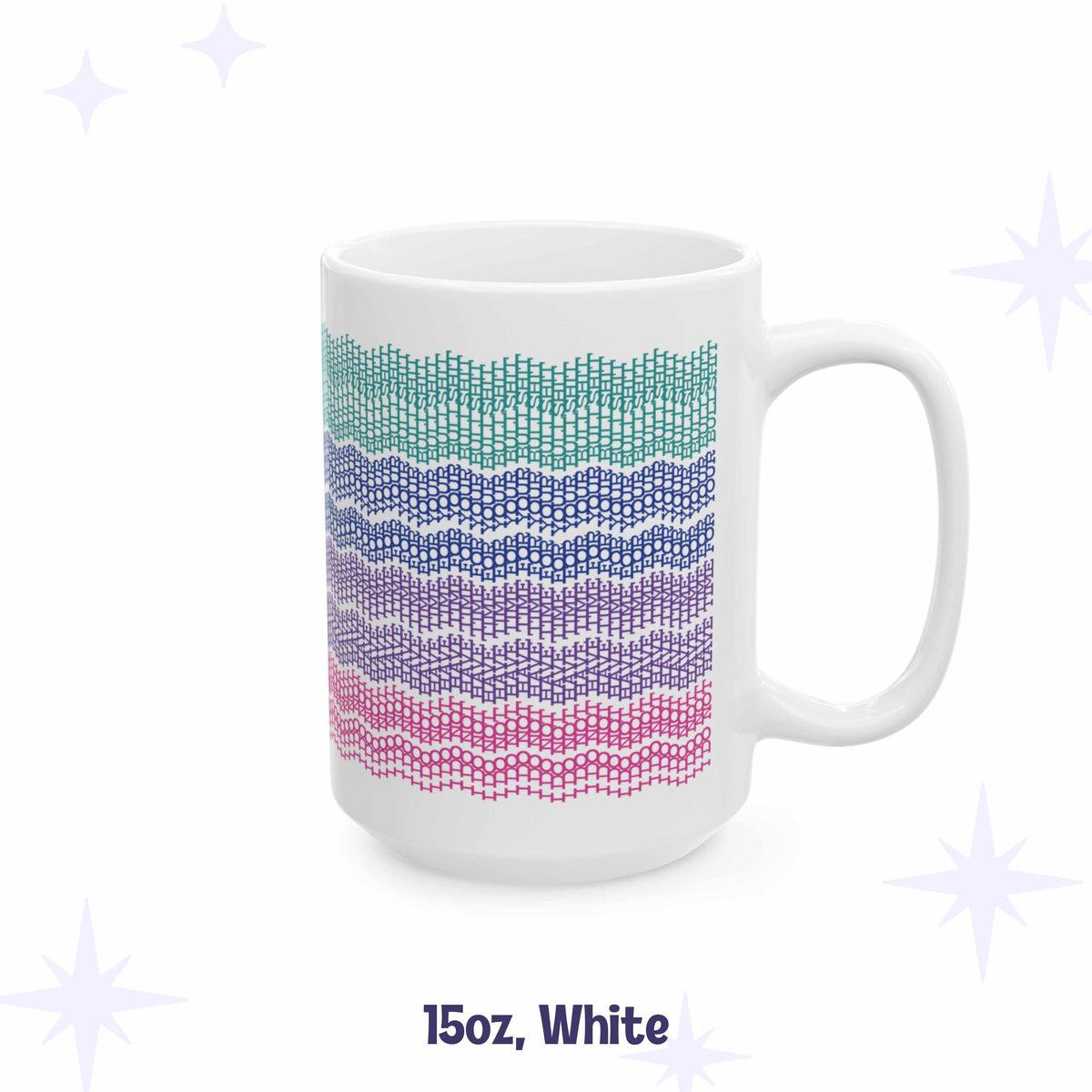 Hidden message embroidery pattern mug, 15oz white, handle on the right