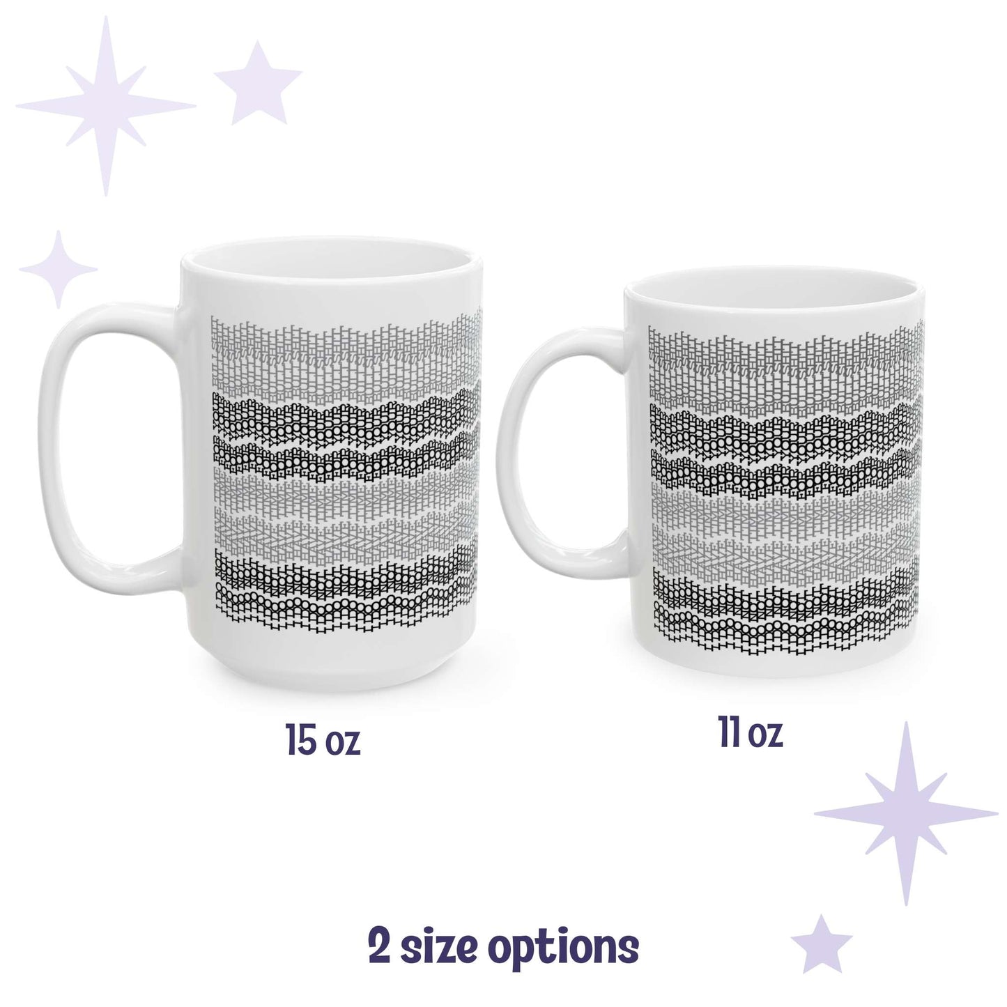 Gray stripes hidden message embroidery mug shown in both 15oz and 11oz sizes side by side
