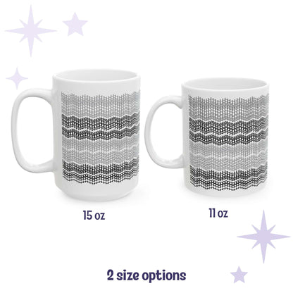Gray stripes hidden message embroidery mug shown in both 15oz and 11oz sizes side by side
