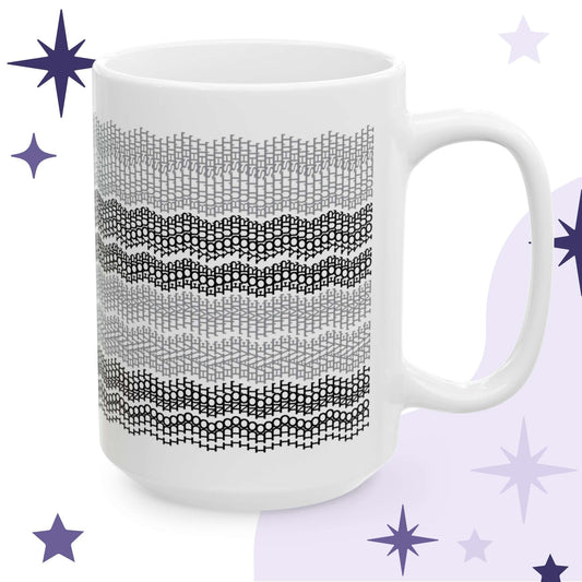 Hidden message embroidery pattern ceramic mug in gray stripes on lavender background with purple sparkles