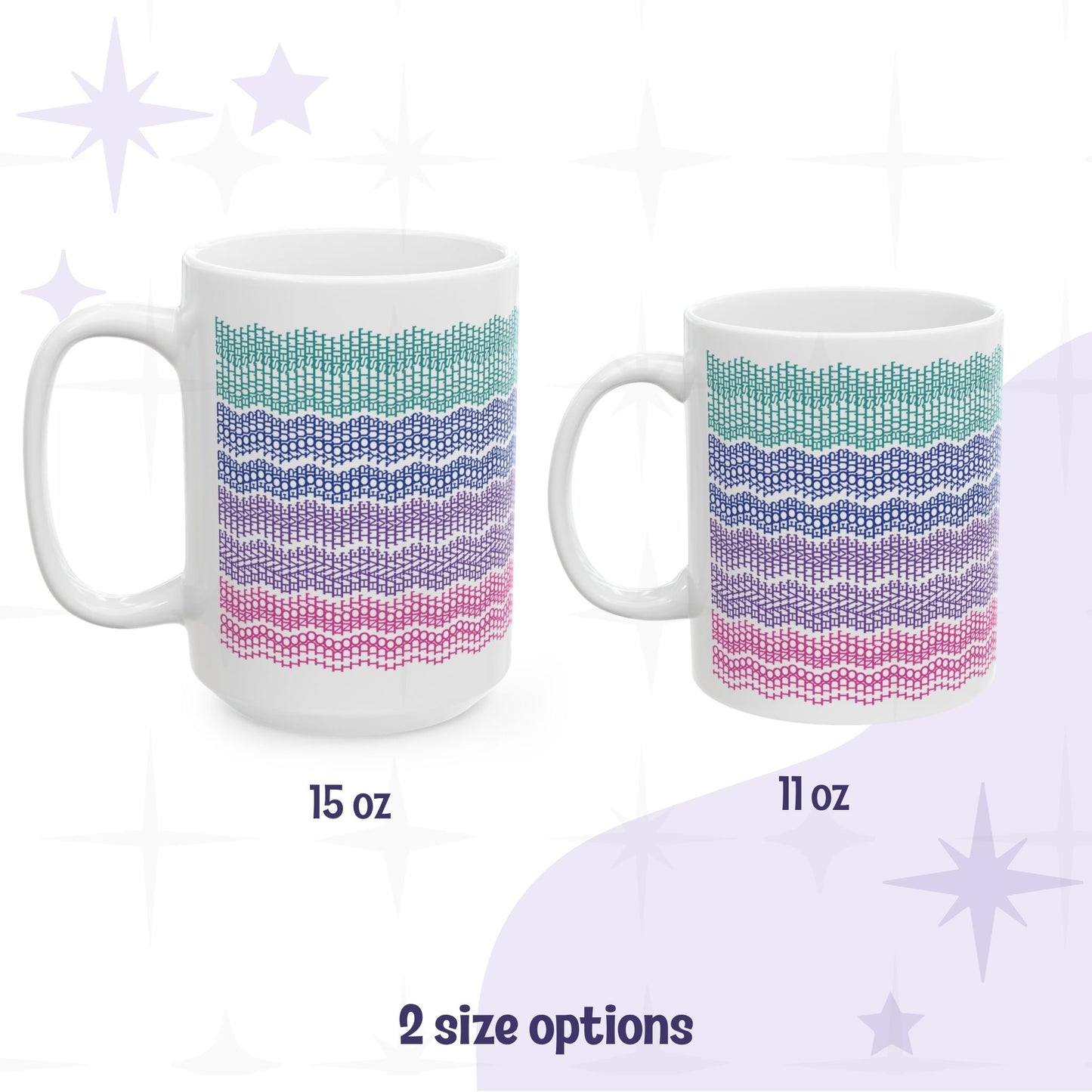 Bright stripe embroidery pattern hidden message mug in both size options: 15oz on left, 11oz on right, teal to pink color gradient visible on both