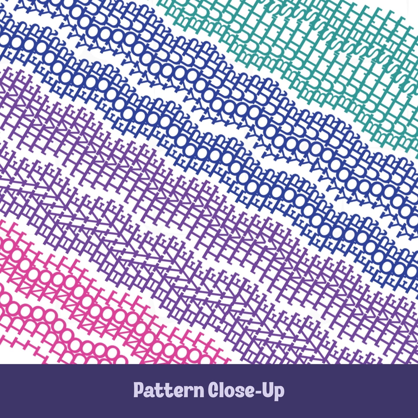 Close-up of embroidery pattern mug design in bright teal, blue, purple, and pink showing dense stitch-style rows of chain, eyelet, and cross-hatch motifs with hidden message lettering, "I do not have time or your bullshit"