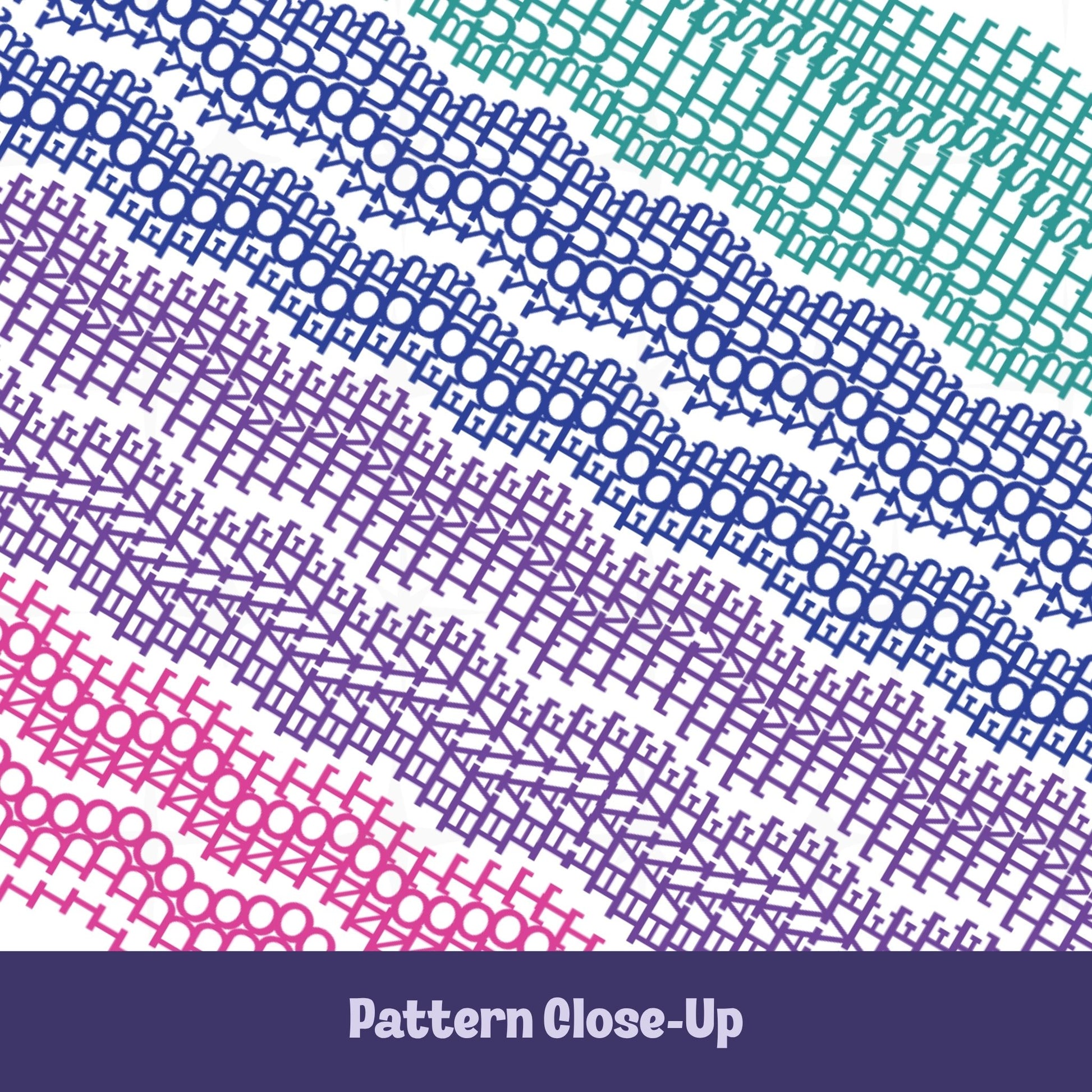 Close-up of embroidery pattern mug design in bright teal, blue, purple, and pink showing dense stitch-style rows of chain, eyelet, and cross-hatch motifs with hidden message lettering, "I do not have time or your bullshit"