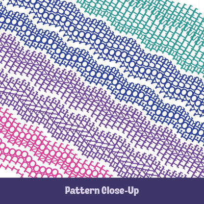 Close-up of embroidery pattern mug design in bright teal, blue, purple, and pink showing dense stitch-style rows of chain, eyelet, and cross-hatch motifs with hidden message lettering, "I do not have time or your bullshit"