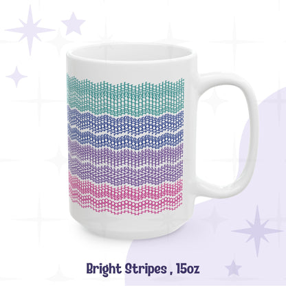 Bright Stripes 15oz ceramic hidden message mug with embroidery-style pattern in graduated teal, cobalt, violet, and magenta spelling, " i do not have time for your bullshit"