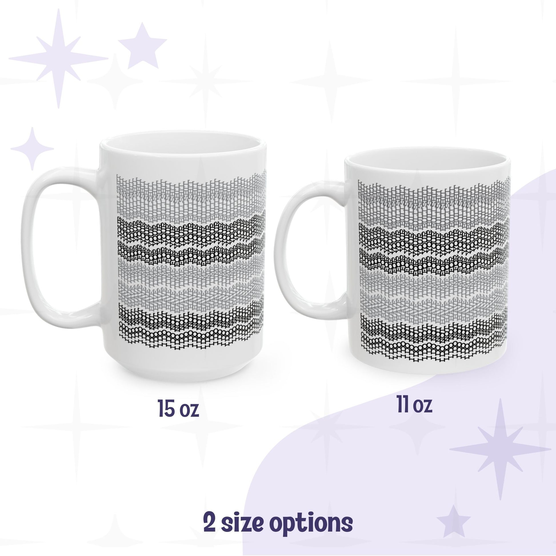 Hidden message mug in gray stripe embroidery pattern spelling, "I do not hav etime for your bullshit" shown in both size options side by side: 15oz taller mug on the left, 11oz standard mug on the right