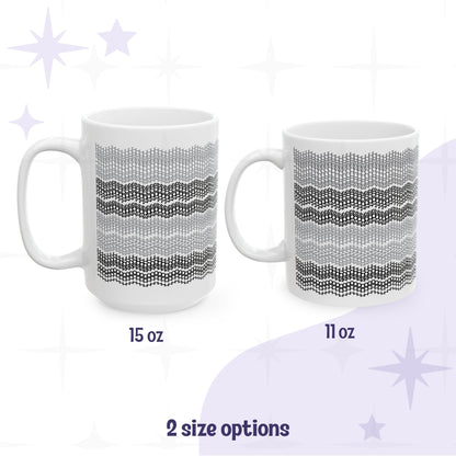 Hidden message mug in gray stripe embroidery pattern spelling, "I do not hav etime for your bullshit" shown in both size options side by side: 15oz taller mug on the left, 11oz standard mug on the right