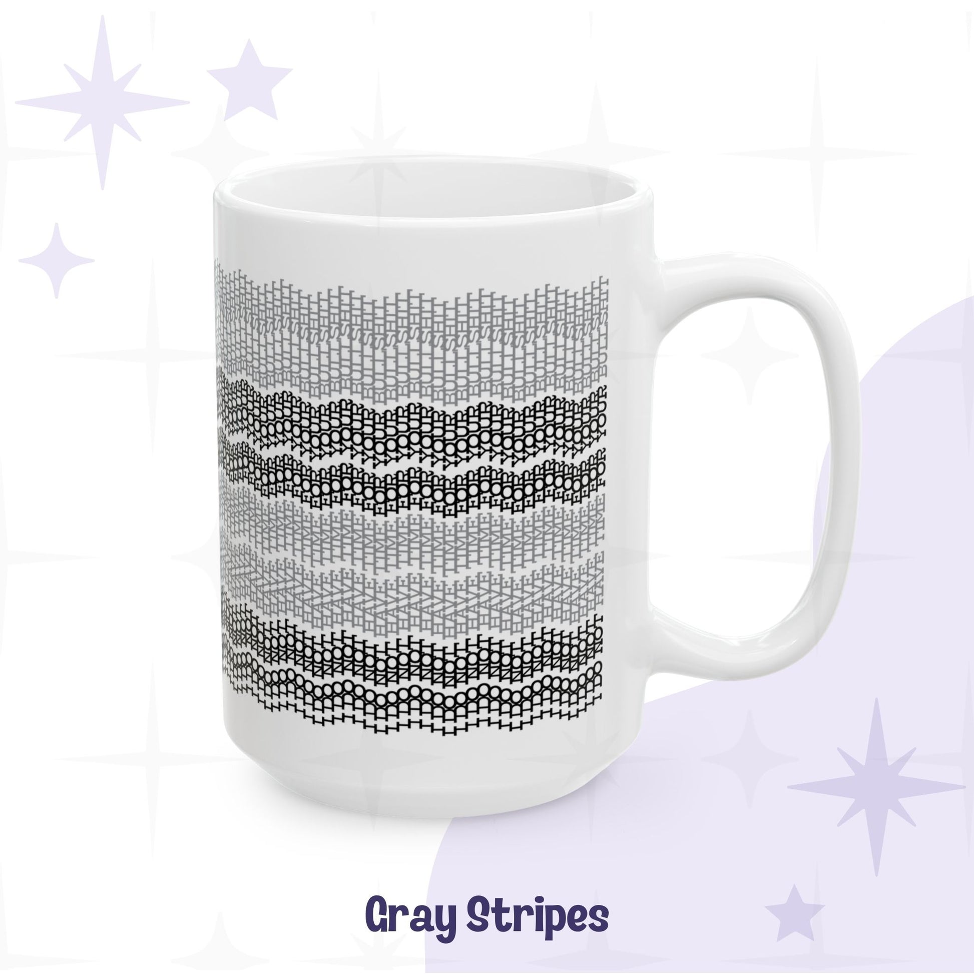 15oz white ceramic hidden message mug with gray stripe embroidery pattern design, handle facing right, Gray Stripes colorway