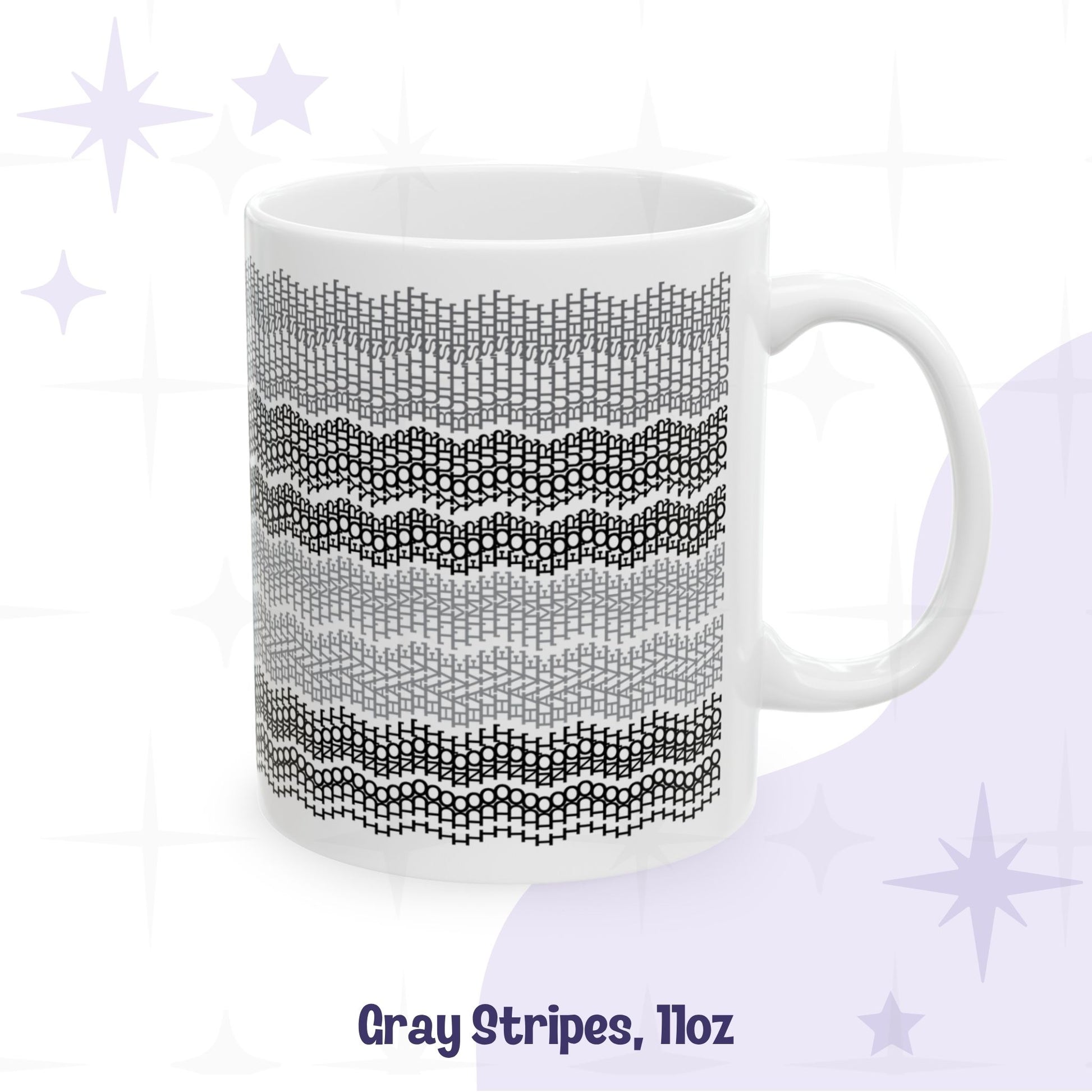 Gray Stripes 11oz standard ceramic hidden message mug with dense embroidery-style stripe pattern in gray and black
