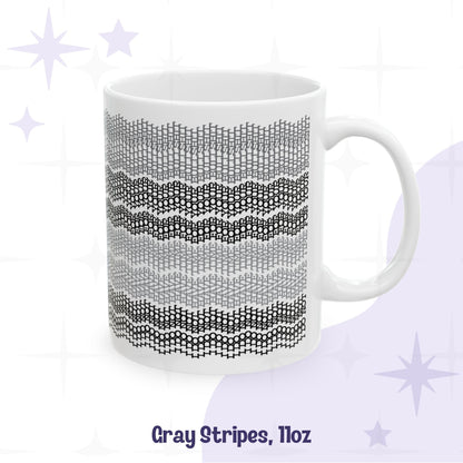 Gray Stripes 11oz standard ceramic hidden message mug with dense embroidery-style stripe pattern in gray and black
