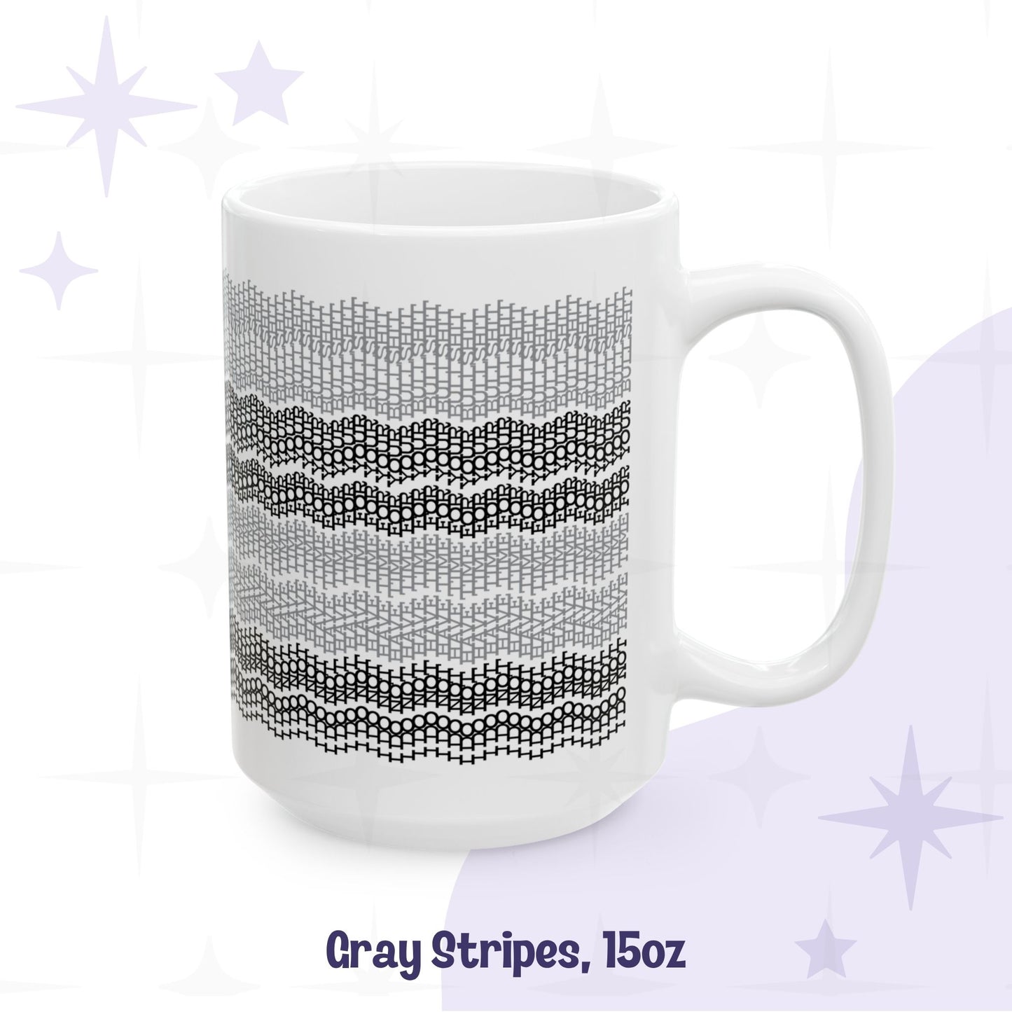 Gray Stripes 15oz ceramic hidden message mug with embroidery-style cross-stitch pattern in charcoal and silver, product label shown
