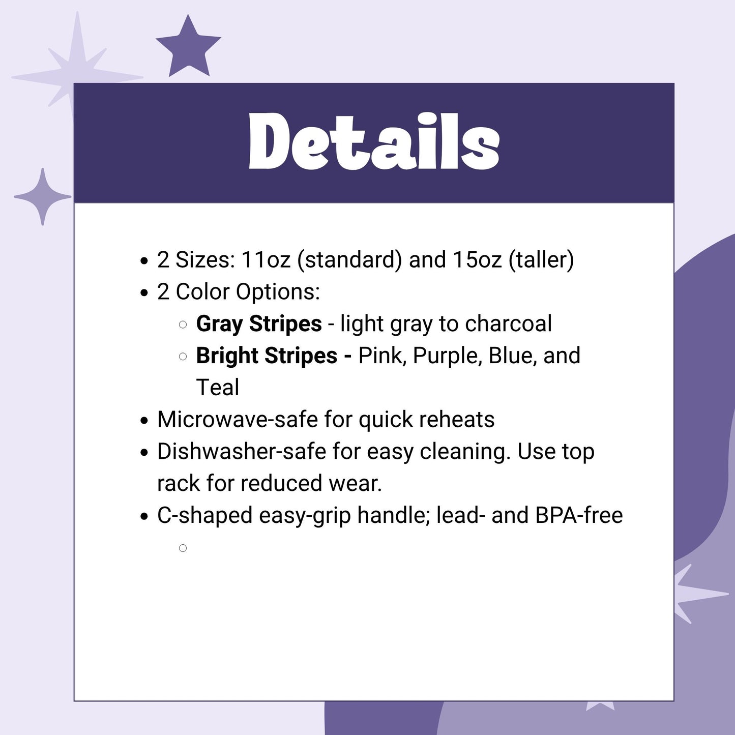 Product details graphic listing specifications for hidden message mug: two sizes (11oz and 15oz), two colorways (Gray Stripes and Bright Stripes), microwave- and dishwasher-safe, BPA-free