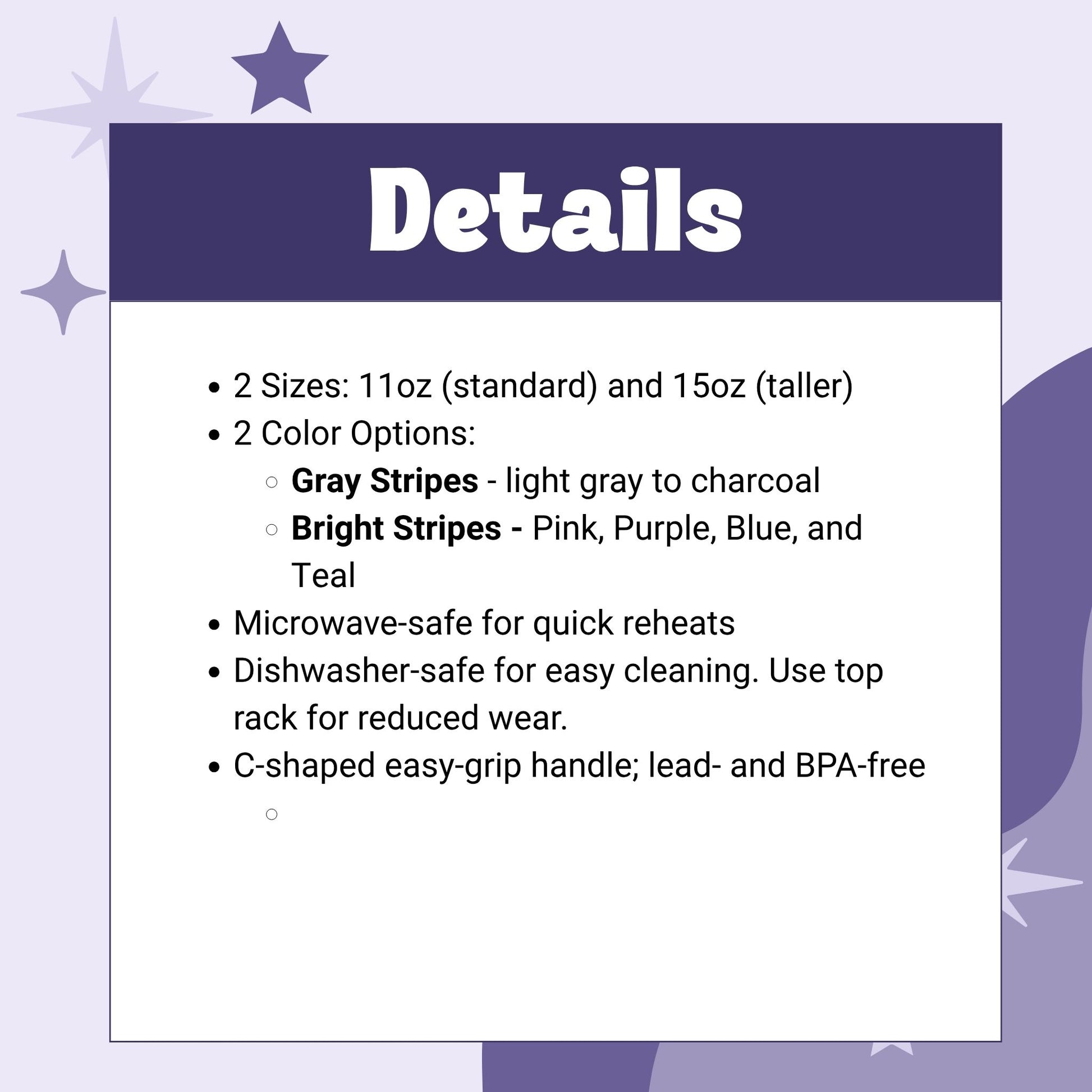 Product details graphic listing specifications for hidden message mug: two sizes (11oz and 15oz), two colorways (Gray Stripes and Bright Stripes), microwave- and dishwasher-safe, BPA-free