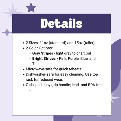 Product details graphic listing specifications for hidden message mug: two sizes (11oz and 15oz), two colorways (Gray Stripes and Bright Stripes), microwave- and dishwasher-safe, BPA-free