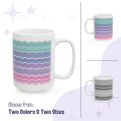 Product details graphic listing specifications for hidden message mug: two sizes (11oz and 15oz), two colorways (Gray Stripes and Bright Stripes), microwave- and dishwasher-safe, BPA-free
