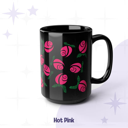 Hot pink floral protest mug on black ceramic — graphic rose pattern with hidden anti-fascist lettering in the leaves, angled product view