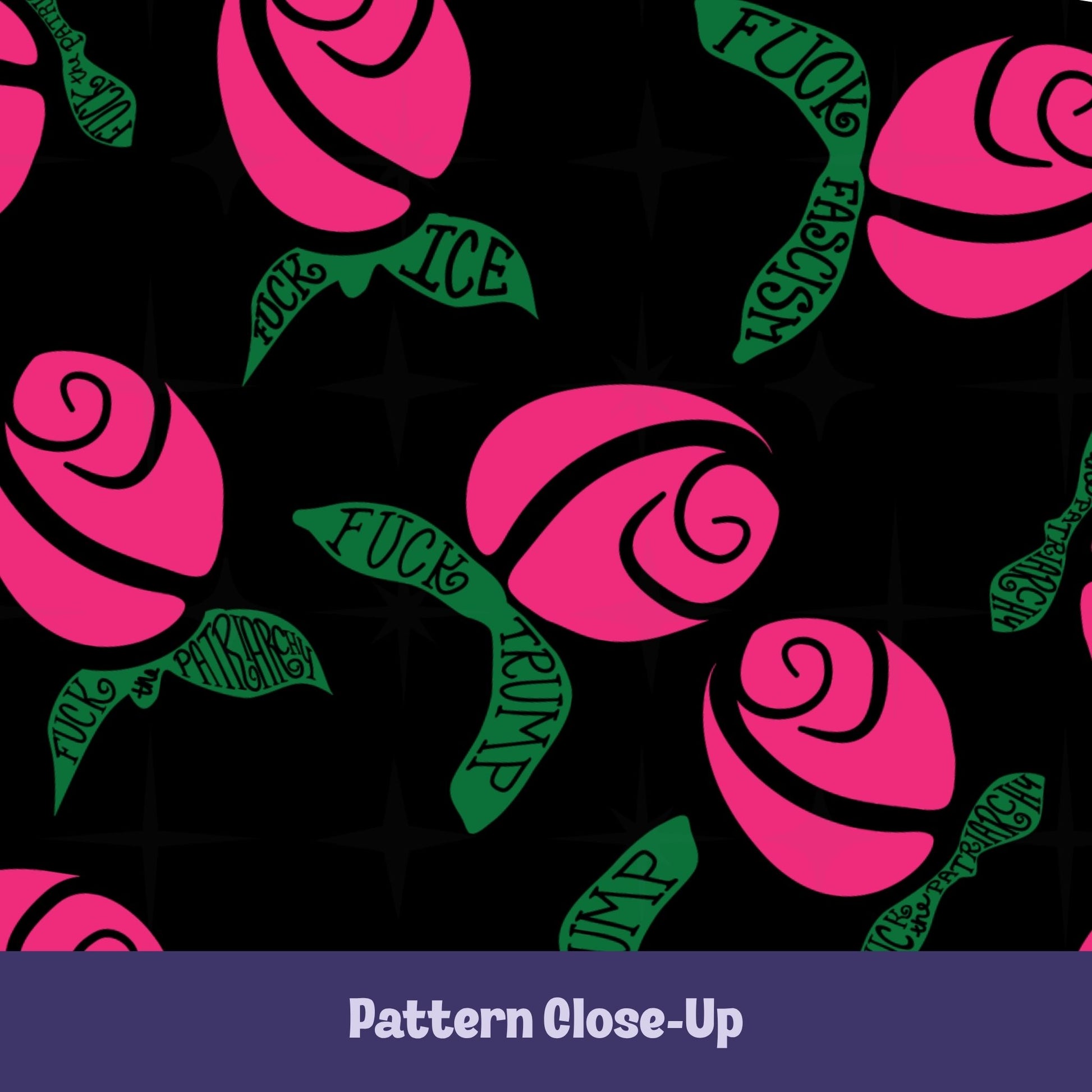 Close-up of hidden message mug design — hot pink graphic rosebuds with bright green leaves hand-lettered with phrases including Fuck Fascism, Fuck Trump, Fuck the Patriarchy, and Fuck ICE