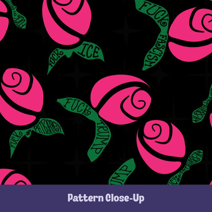 Close-up of hidden message mug design — hot pink graphic rosebuds with bright green leaves hand-lettered with phrases including Fuck Fascism, Fuck Trump, Fuck the Patriarchy, and Fuck ICE