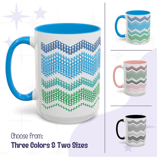 Composite product shot of the hidden message mug in three colorways — Ocean Blue, Preppy Pink, and Gray Black — shown in 11oz and 15oz sizes, with the text 'Choose from Three Colors and Two Sizes'
