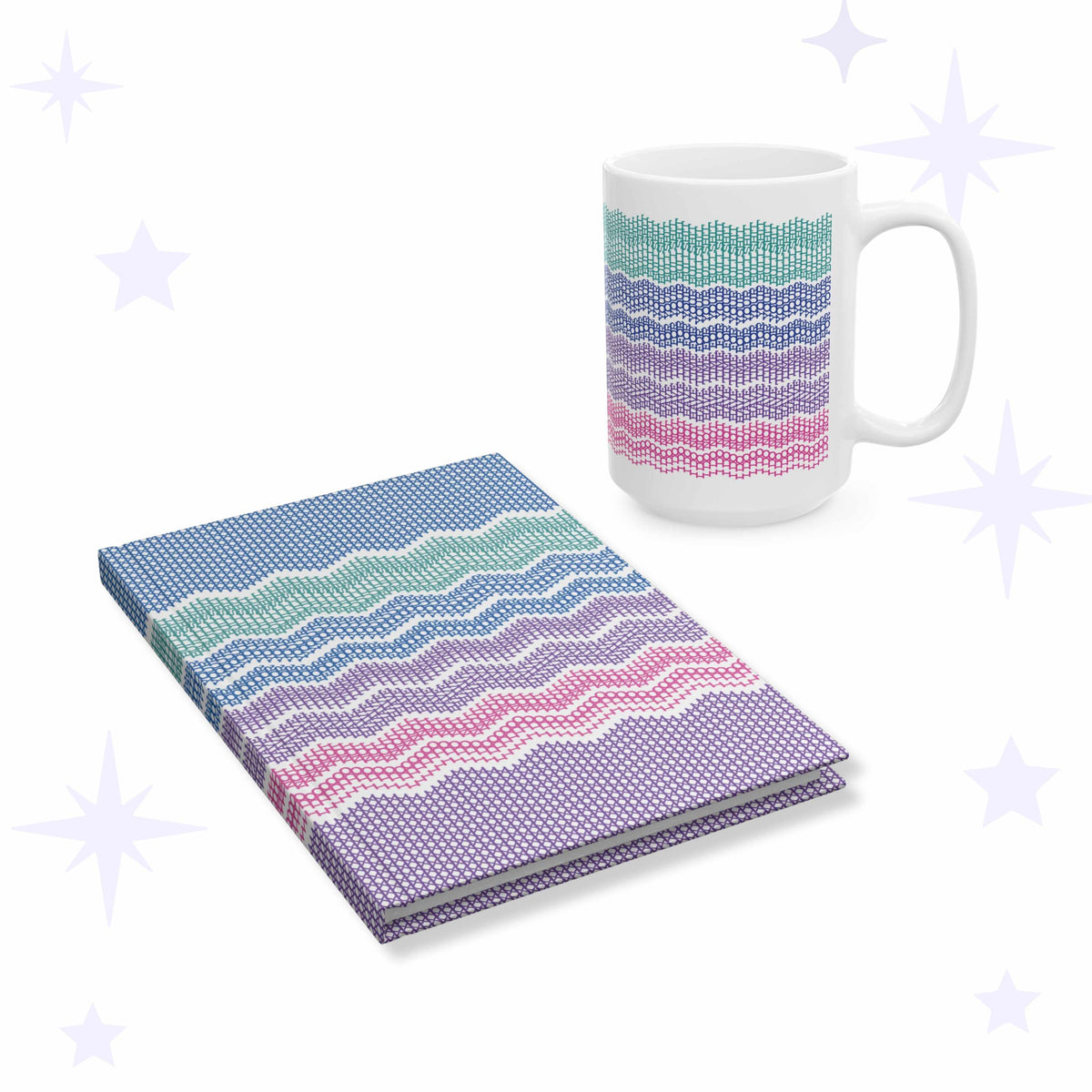 White ceramic mug and hardcover journal printed with seven cross stitch bands spelling I do not have time for your bullshit in sea green, cobalt, violet, and magenta.