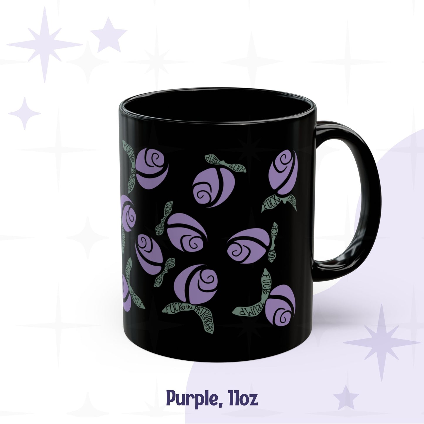 Purple hidden message coffee mug 11oz — lilac graphic rosebuds with subversive hand-lettered leaves on black ceramic