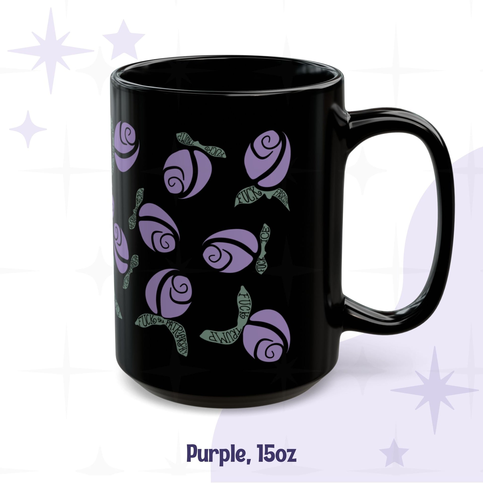 Purple hidden message coffee mug 15oz — lilac rose pattern with anti-fascist lettering on black ceramic, side view