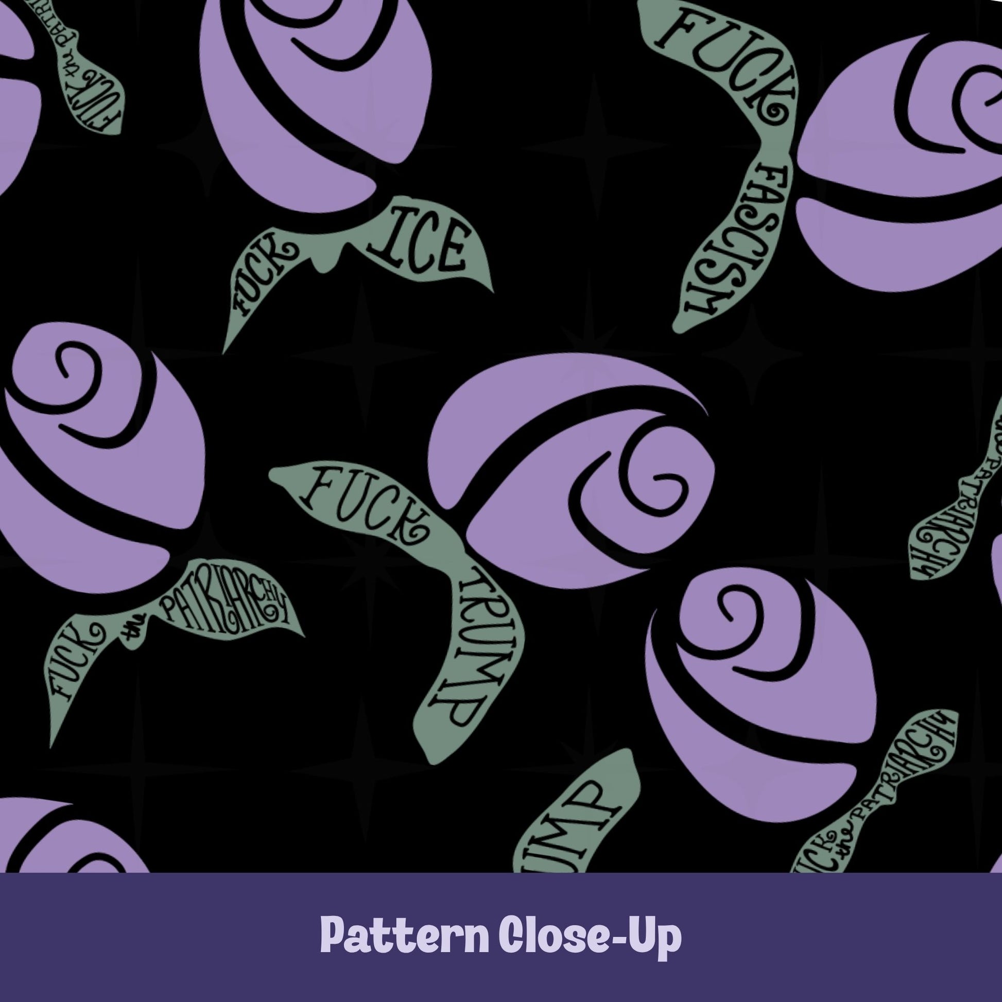 Close-up of purple hidden message mug — lilac rosebuds with sage green hand-lettered leaves reading Fuck Fascism, Fuck Trump, Fuck the Patriarchy, and Fuck ICE