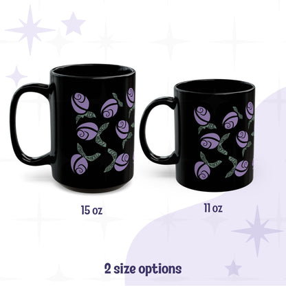 Purple political protest mug size comparison — 15oz and 11oz black ceramic mugs with lilac floral hidden message design