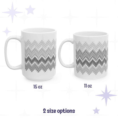 Side by side comparison of 15oz and 11oz hidden profanity mugs in gray monochrome fair isle pattern showing size difference