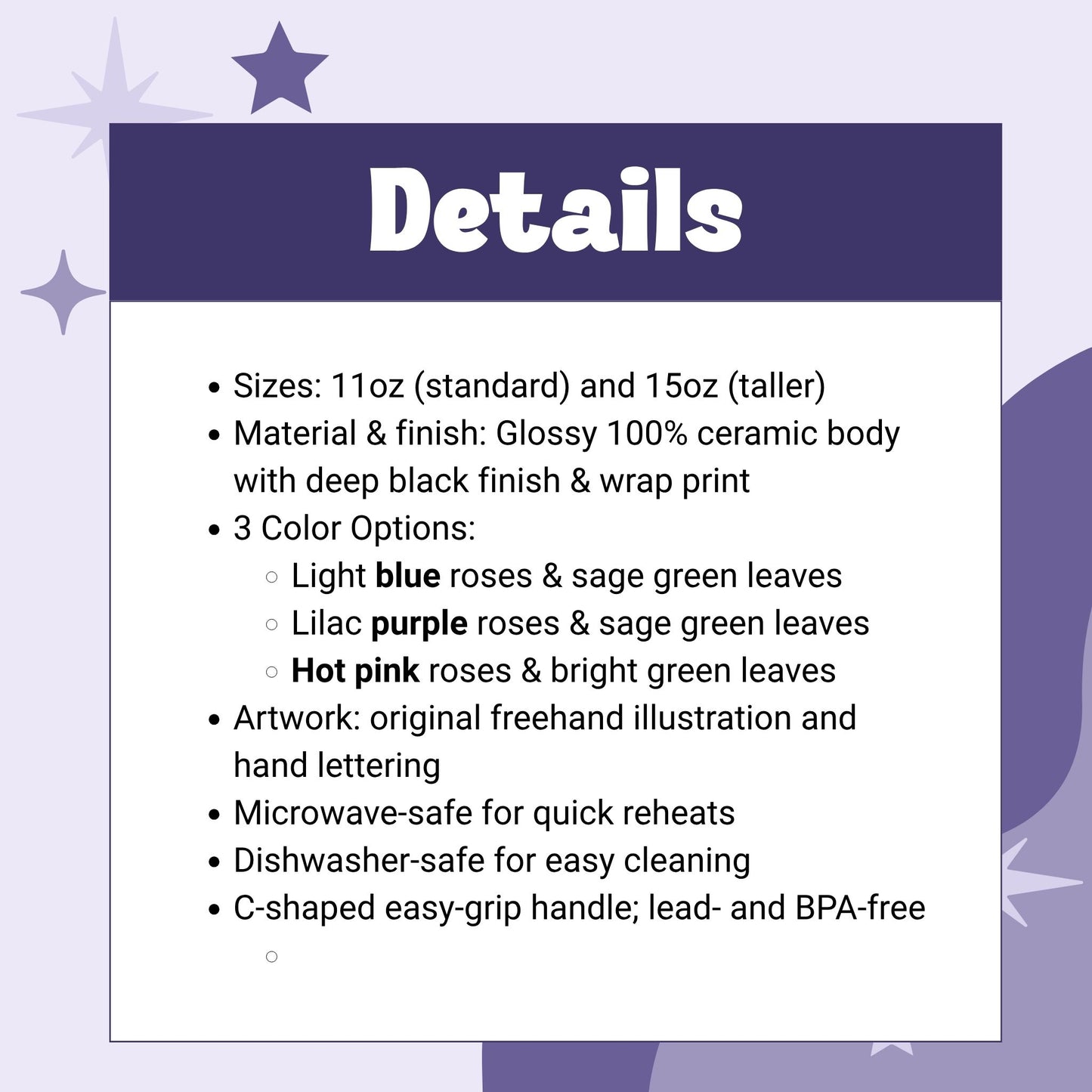 Product details graphic for black ceramic political rosebud coffee mug — sizes 11oz and 15oz, glossy ceramic, microwave and dishwasher safe, lead and BPA free