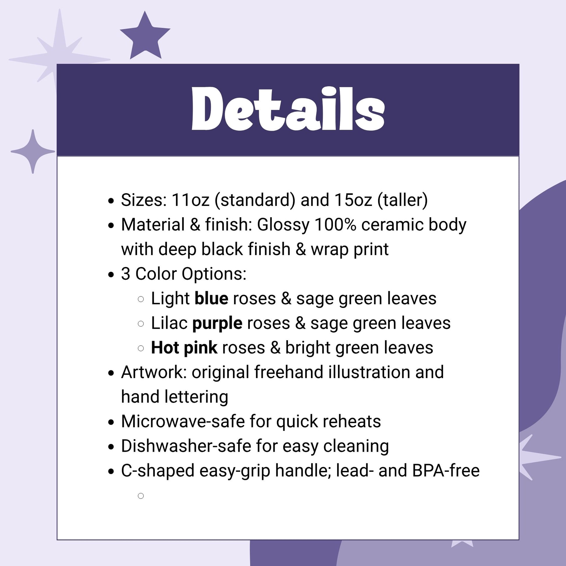 Product details graphic for black ceramic political rosebud coffee mug — sizes 11oz and 15oz, glossy ceramic, microwave and dishwasher safe, lead and BPA free