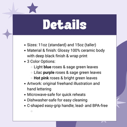 Product details graphic for black ceramic political rosebud coffee mug — sizes 11oz and 15oz, glossy ceramic, microwave and dishwasher safe, lead and BPA free