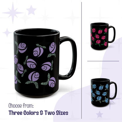 Hidden message political protest mug in hot pink, purple, and blue — floral rose pattern with anti-fascist hand-lettered leaves on black ceramic, shown in all three colorways