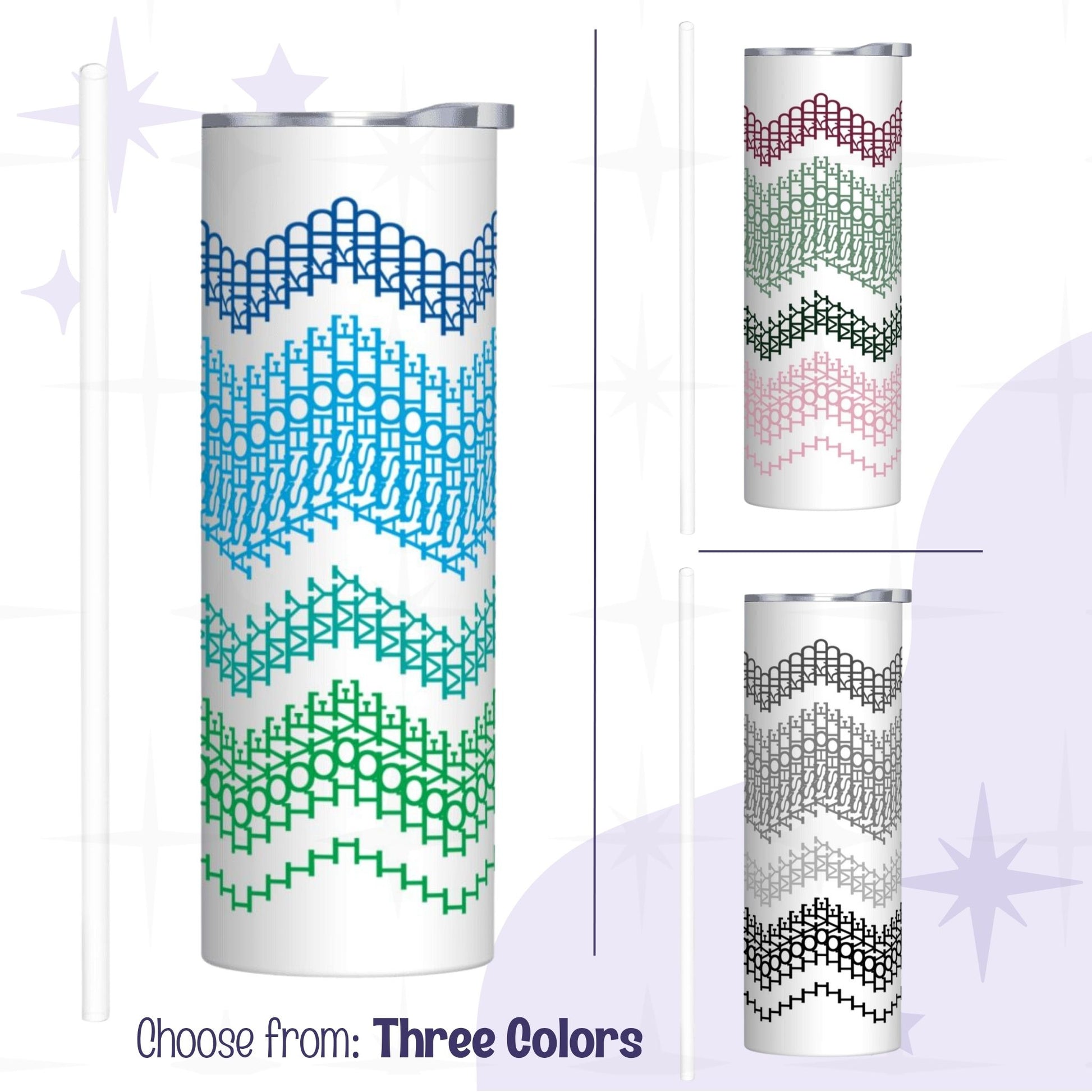 All three colorways of the I Love My Asshole Kid hidden message skinny tumbler — Ocean Stripes, Preppy Stripes, and Gray Stripes side by side with straws included