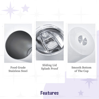 Features closeup for the hidden message skinny tumbler — food grade stainless steel interior, sliding splash-proof lid, smooth stainless bottom