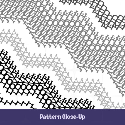 Close-up of the Gray Stripes pattern on the hidden message fair isle tumbler — black and charcoal geometric letterforms spelling I Love My Asshole Kid in dense cross-stitch style